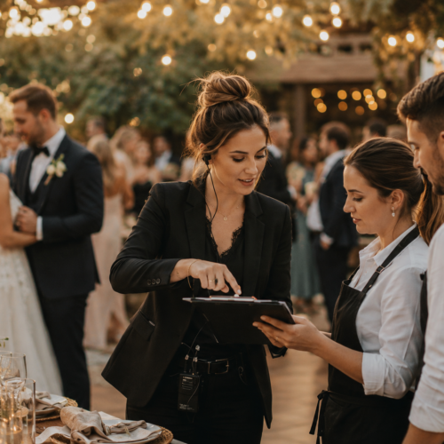 Wedding Plannerka koordynująca pracę podwykonawców podczas wesela w stylu boho, w tle Para Młoda i goście