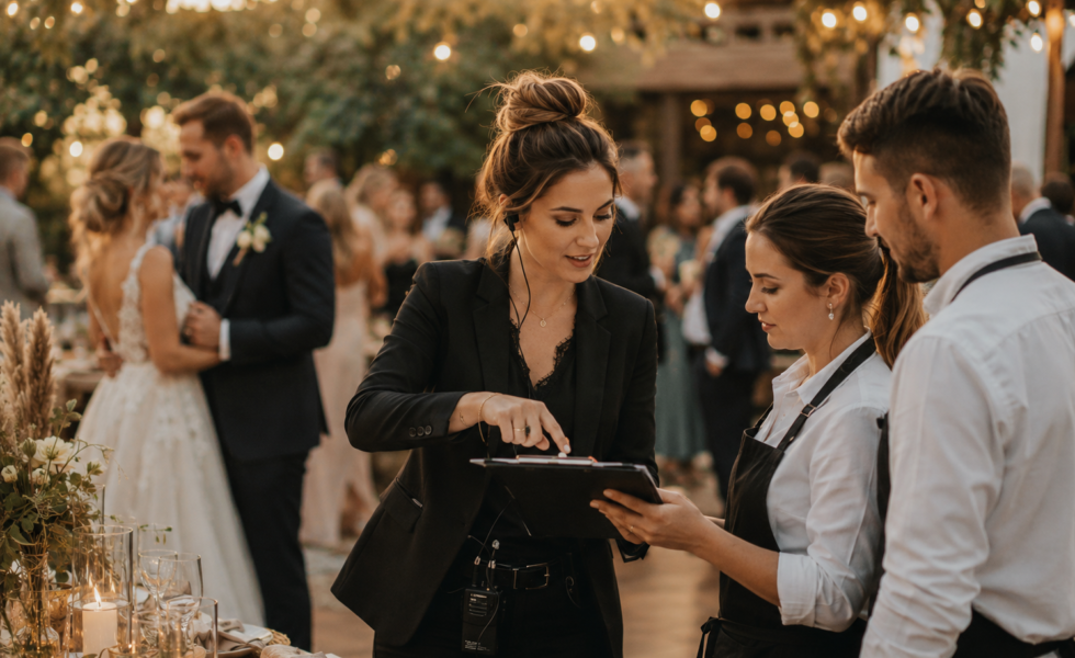 Wedding Plannerka koordynująca pracę podwykonawców podczas wesela w stylu boho, w tle Para Młoda i goście